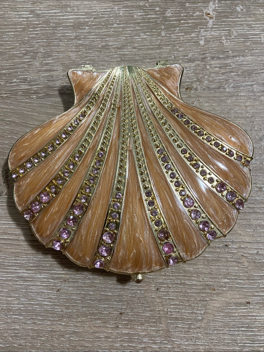 Vintage Orange Enamel Bejewelled Scallop Sea Shell Brooch with Gold-Tone Accents